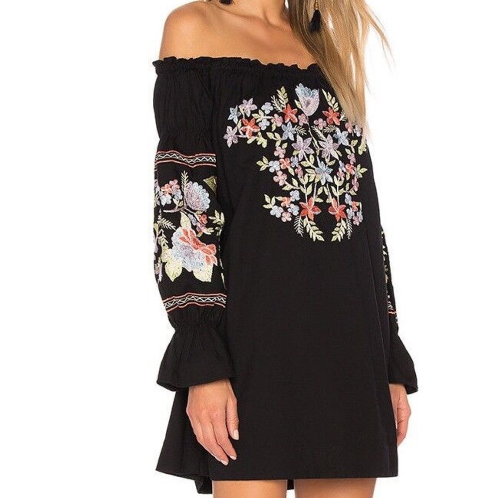 Free People Fleur Du Jour Off-The-Shoulder black Floral Embroidered Dress M